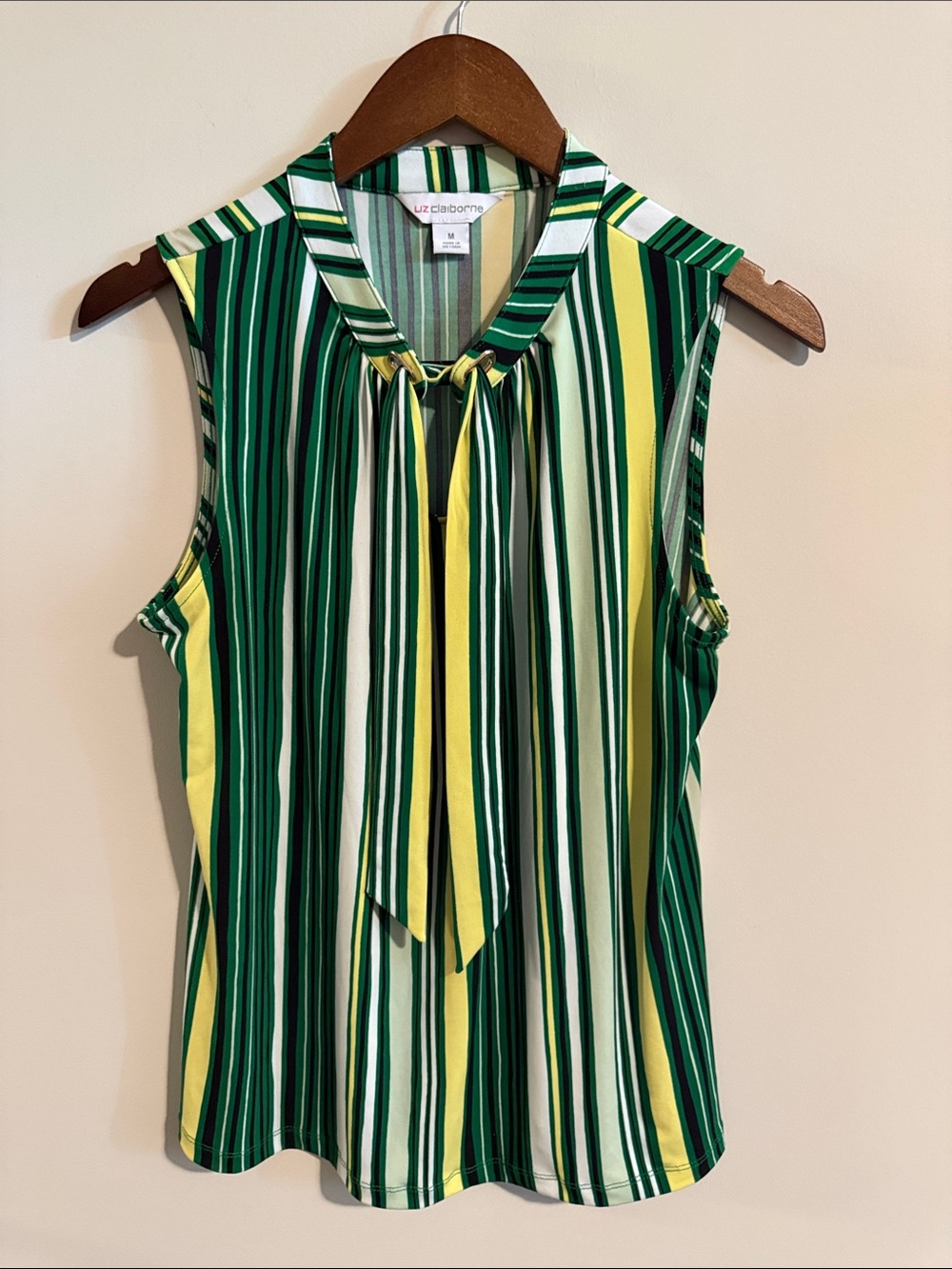 Liz Claiborne Striped Sleeveless Tie Neck Blouse Size M Green Yellow